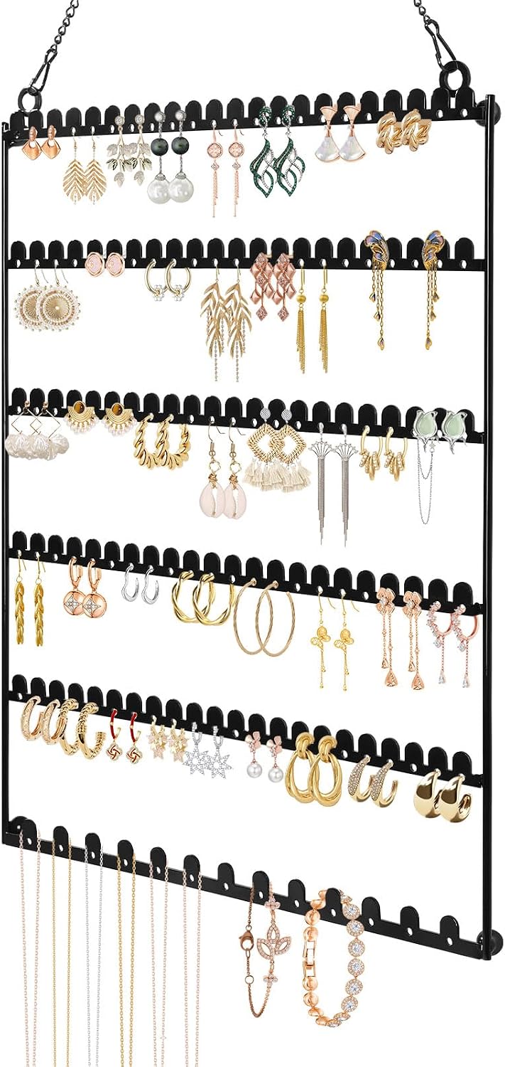 6 Tier Earring Holder Wall Mounted Hanging Earring Organizer, Earring Display Storage with 123 Holes and 129 Grooves Jewelry Organizer Tree for Stud/Hoop/Dangle Earrings Necklace（Black）