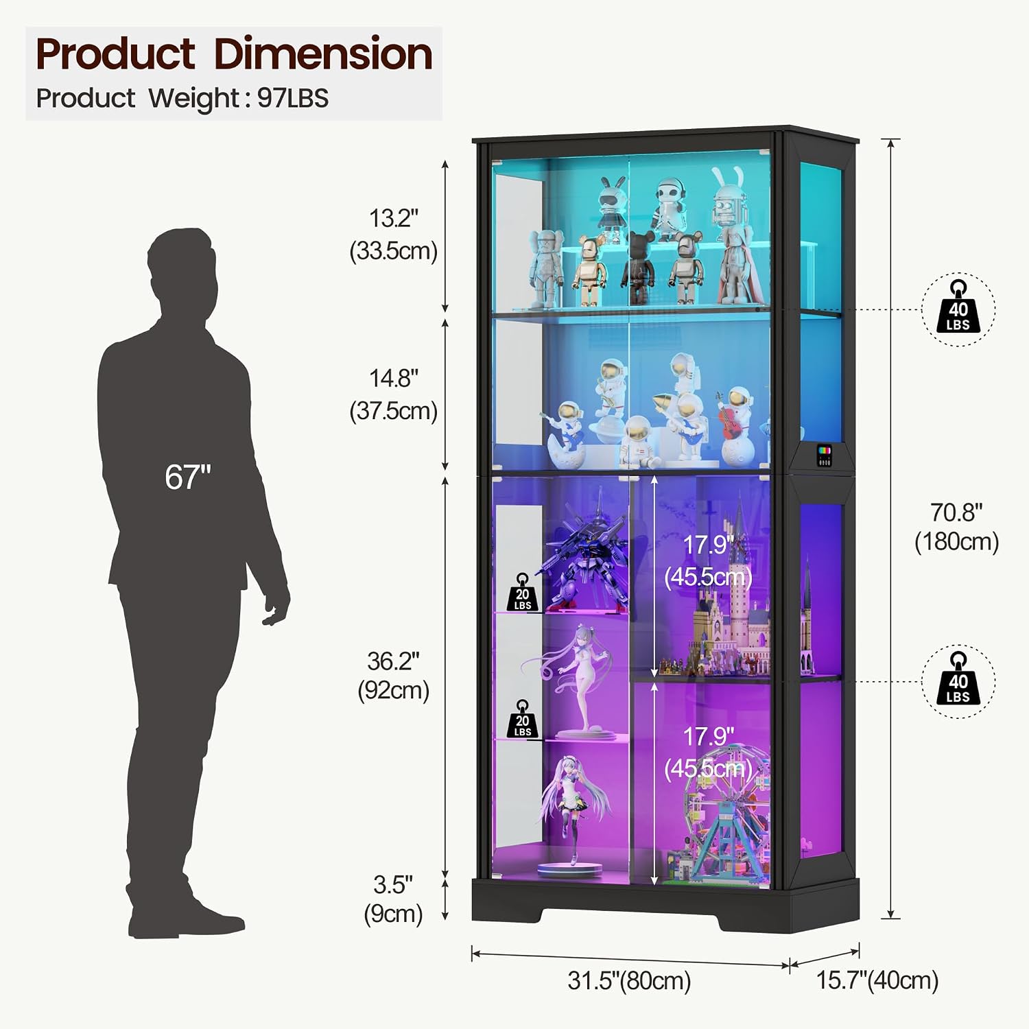 Lvifur 71” Glass Display Cabinet with RGB Light for Collectibles - Black | 4mm Tempered Glass Doors, 7-Tiers Large Storage Capacity, Human Sensor, 12 Color Adsjutable Lights, 7 Shelves, Lockable Door