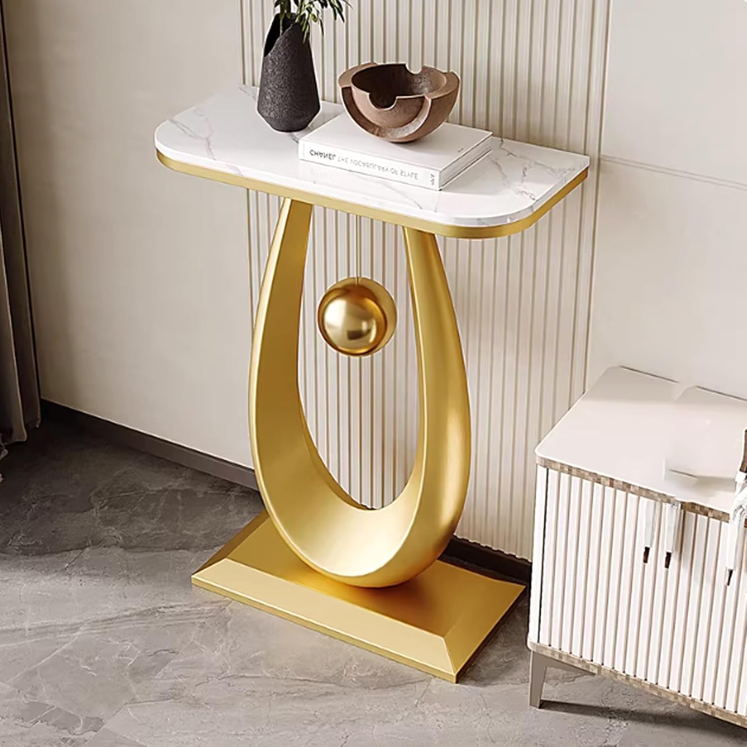 Contemporary Semi-Circular Telephone Table, Narrow Console with Stone Top, Stylish Hallway Cabinet, Perfect Accent Table for Living Room & Entrance Decor