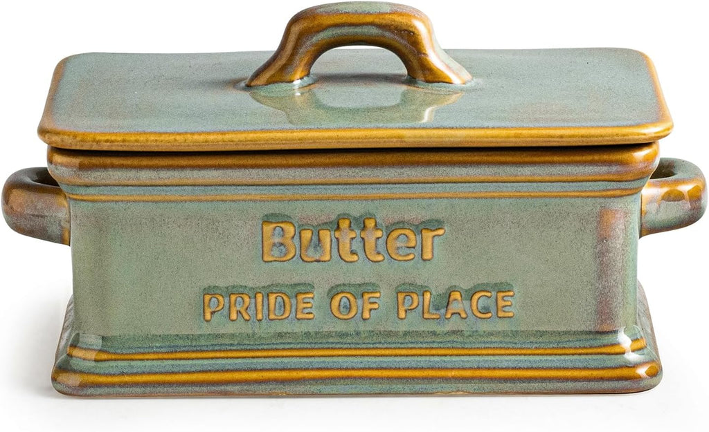 Butter Dish with Lid, Ceramic Butter Holder Container Large Butter Dish for Countertop Farmhouse Decor for Thanksgiving, Christmas Butter Keeper for East West Coast Butter, Green