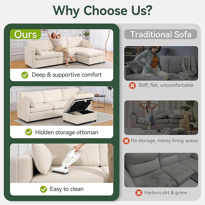 109'' Modular Sectional Sofa, L Shaped Couch with Storage Ottoman, Comfy Cloud Sofa with Deep Seat, 4 Seat Convertible Sectional Couches for Living Room (Beige, Low Legs 1.97")
