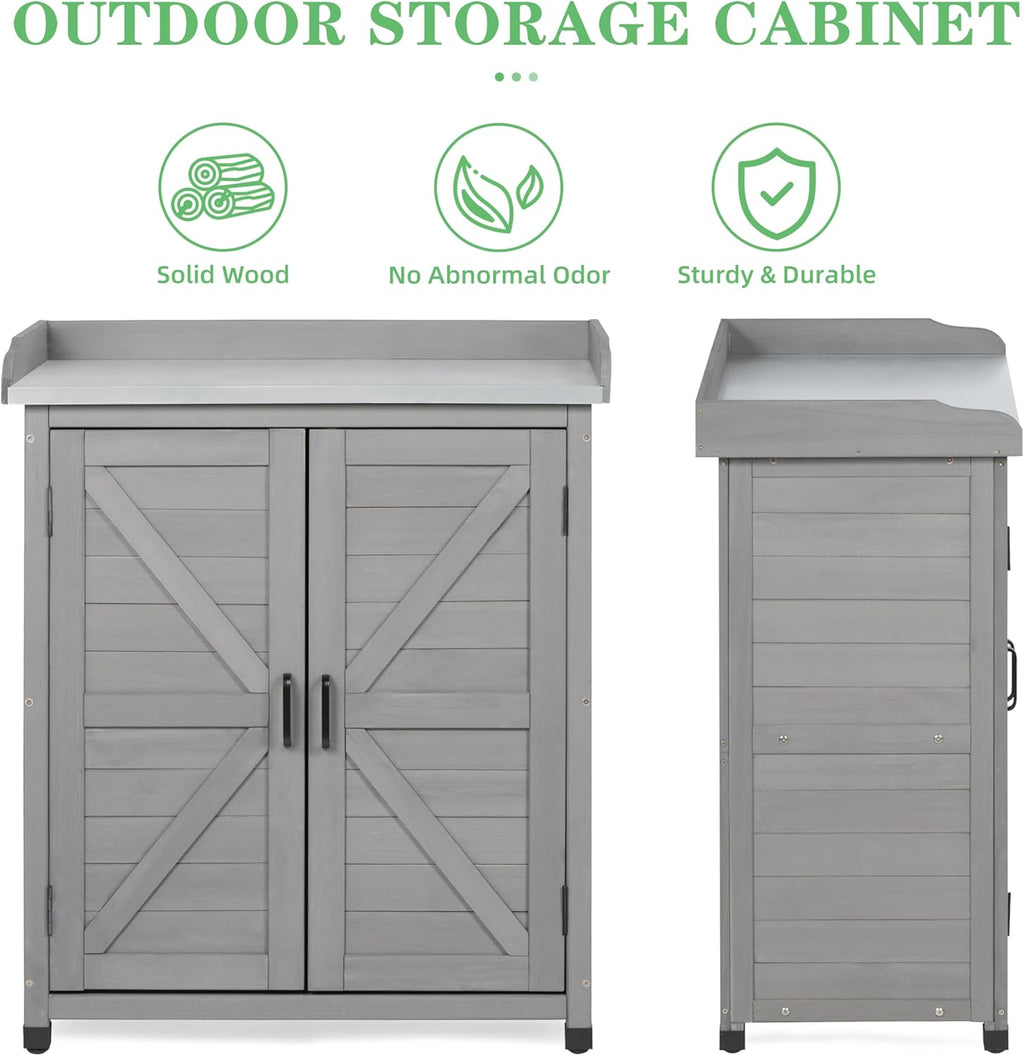 Outdoor Potting Bench with Storage Cabinet and Metal Top, Wood Workstation for Outdoor Patio, Garden (Classic Grey, 31.5x17x39‘’)