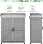Outdoor Potting Bench with Storage Cabinet and Metal Top, Wood Workstation for Outdoor Patio, Garden (Classic Grey, 31.5x17x39‘’)