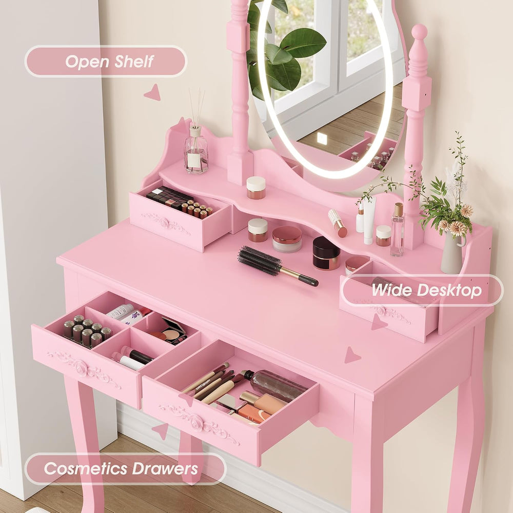 Vanity Desk with Mirror and Lights, Makeup Table with Cushioned Stool Set | M...