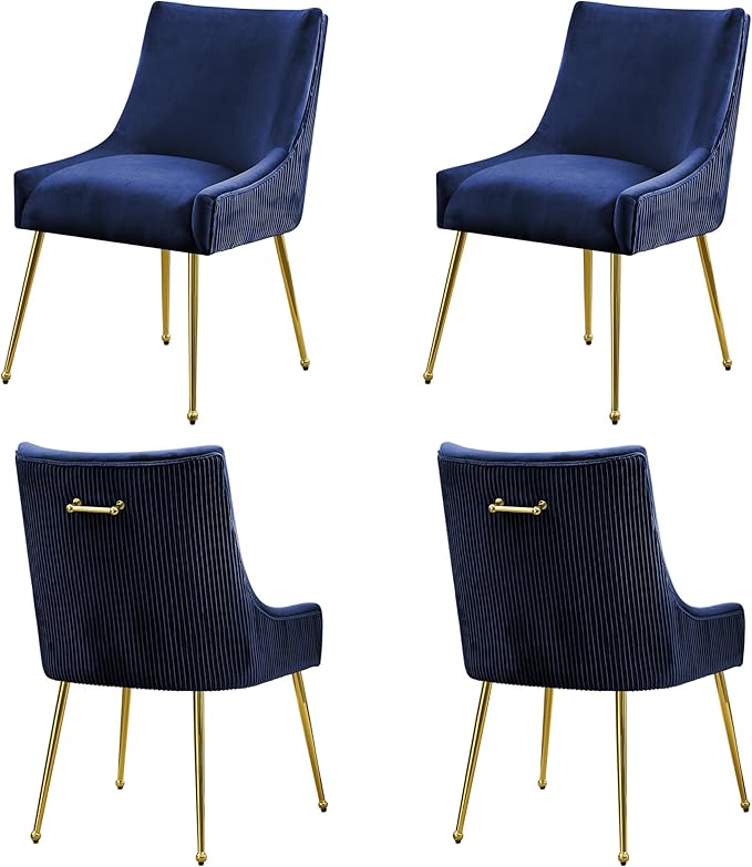 Velvet Dining Chairs Set of 4 Gold Legs,Upholstered Velvet Accent Chairs, Pleated Back Design & Gold Pull Handle, Mid Century Modern Chairs for Dining/Kitchen/Living Room,Blue