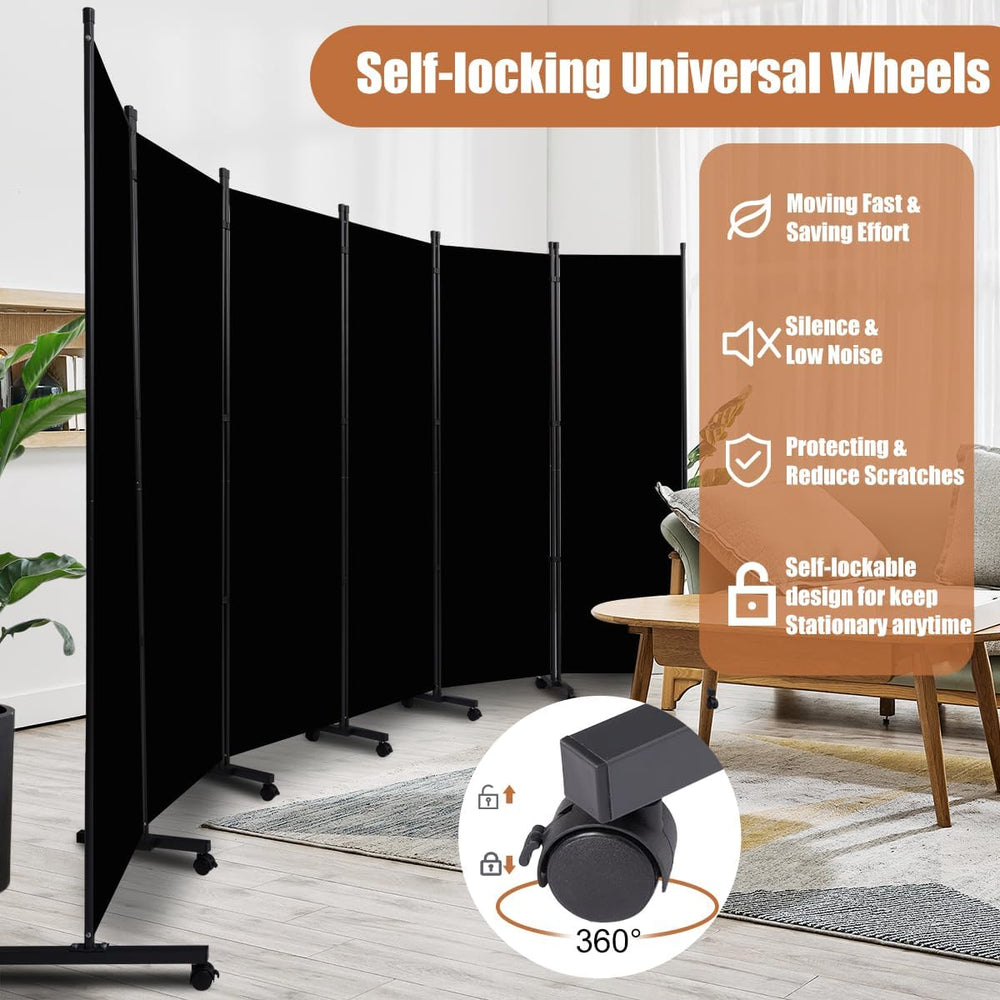 Room Divider 6FT Tall Folding Privacy Screens,6 Panel Wall Divider w/Wheel