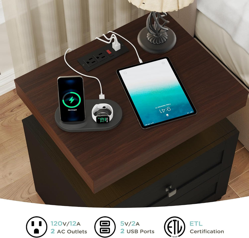 MHOM Farmhouse LED Nightstand Set of 2, Wood Bedroom Side Table with Charging...