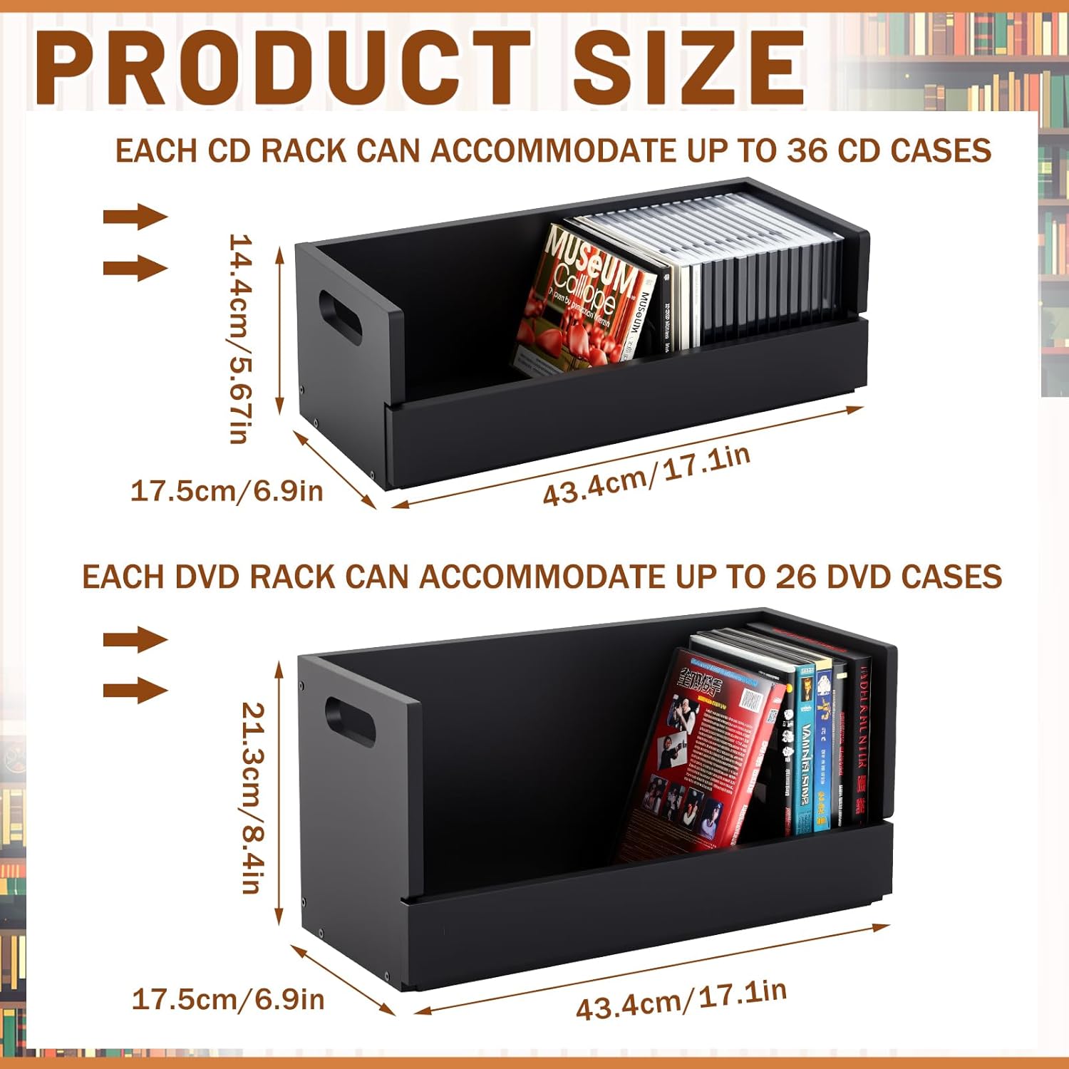 CroBlissful 2 Set Wooden DVD and CD Storage Box Cassette Tape Display Stand Holder Rack with Carrying Handle, Organizer Shelf for Movie Cases, Each Can Store up to 36 CDs and 26 DVDs (Black)