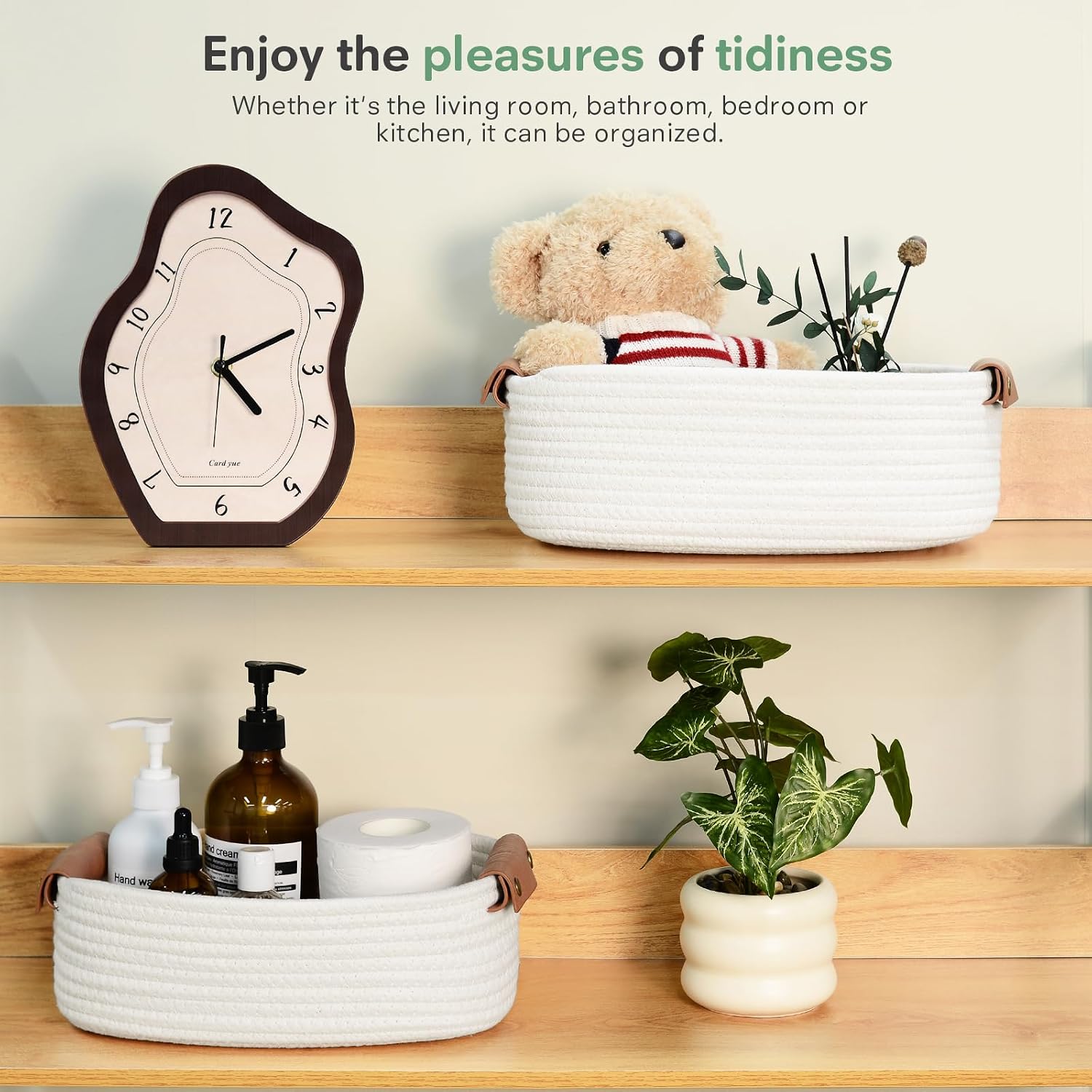 ECDYQXVU Small Woven Storage Baskets Cute Cotton Rope Basket Set 5 Pack | 5 Sizes Set, Leather Handles, Keeps Shape, Easy to Clean, Living Room, Bathroom, Drawer Organizer, Socks, Cosmetics, Decor