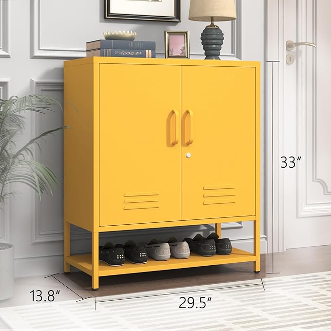 Metal Shoe Storage Cabinet with Lock, 2-Door Multifunctional Shoe Organizer with Adjustable Shelf & Bottom Shoe Rack, Freestanding Entryway Furniture, Yellow 33" H X 29.5" W X 13.8" D