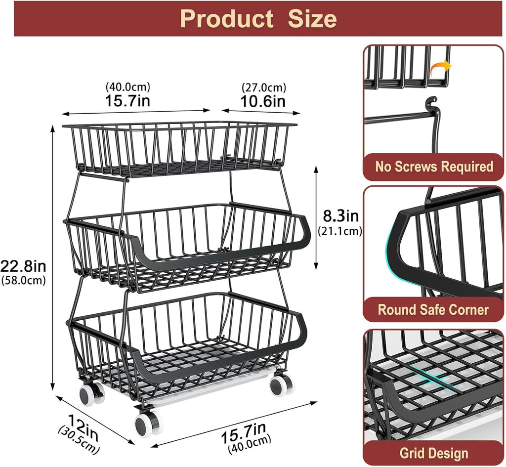 Miyawell 3-Tier Rolling Pantry Cart with Wheels, Stackable Wire Storage Floor Organizer for Kitchen Pantry Snack Shelves, Fruit Basket Stand, Vegetable Storage Rack for Food Snacks Onion Potato
