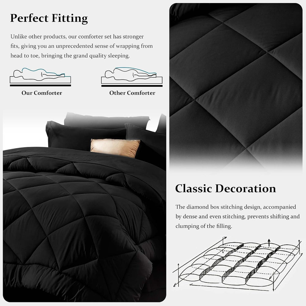 Newspin Queen Comforter Set 8 Pieces Bed in a Bag Soft Bedding Set Black