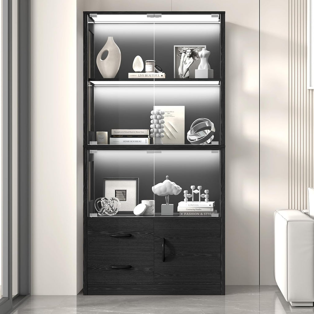 Display Cabinet with Glass Doors, 4-Tier Display Case with 3-Color Lights & Human Body Sensor, Storage Cabinets with 3 Shelves & 2 Drawers for Collectibles/Living/Dining/Game Room, Black Oak