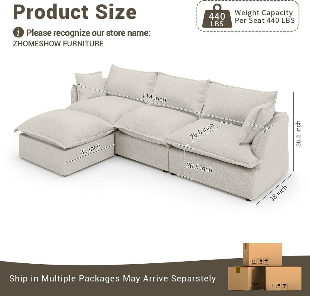 114” Cloud Couch Modular Sectional Sofa, L Shaped Couch, Light Gray | Oversized Down Filled Sectional Couch for Living Room, 26.8” Deep Seat Modular Couch, Removable Washable Covers,Easy Assembly
