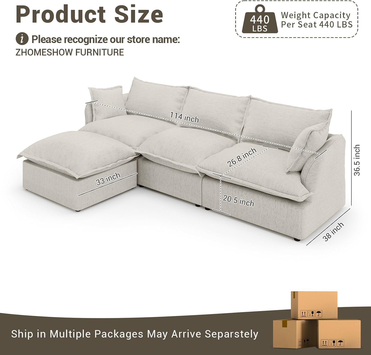 114” Cloud Couch Modular Sectional Sofa, L Shaped Couch, Light Gray | Oversized Down Filled Sectional Couch for Living Room, 26.8” Deep Seat Modular Couch, Removable Washable Covers,Easy Assembly