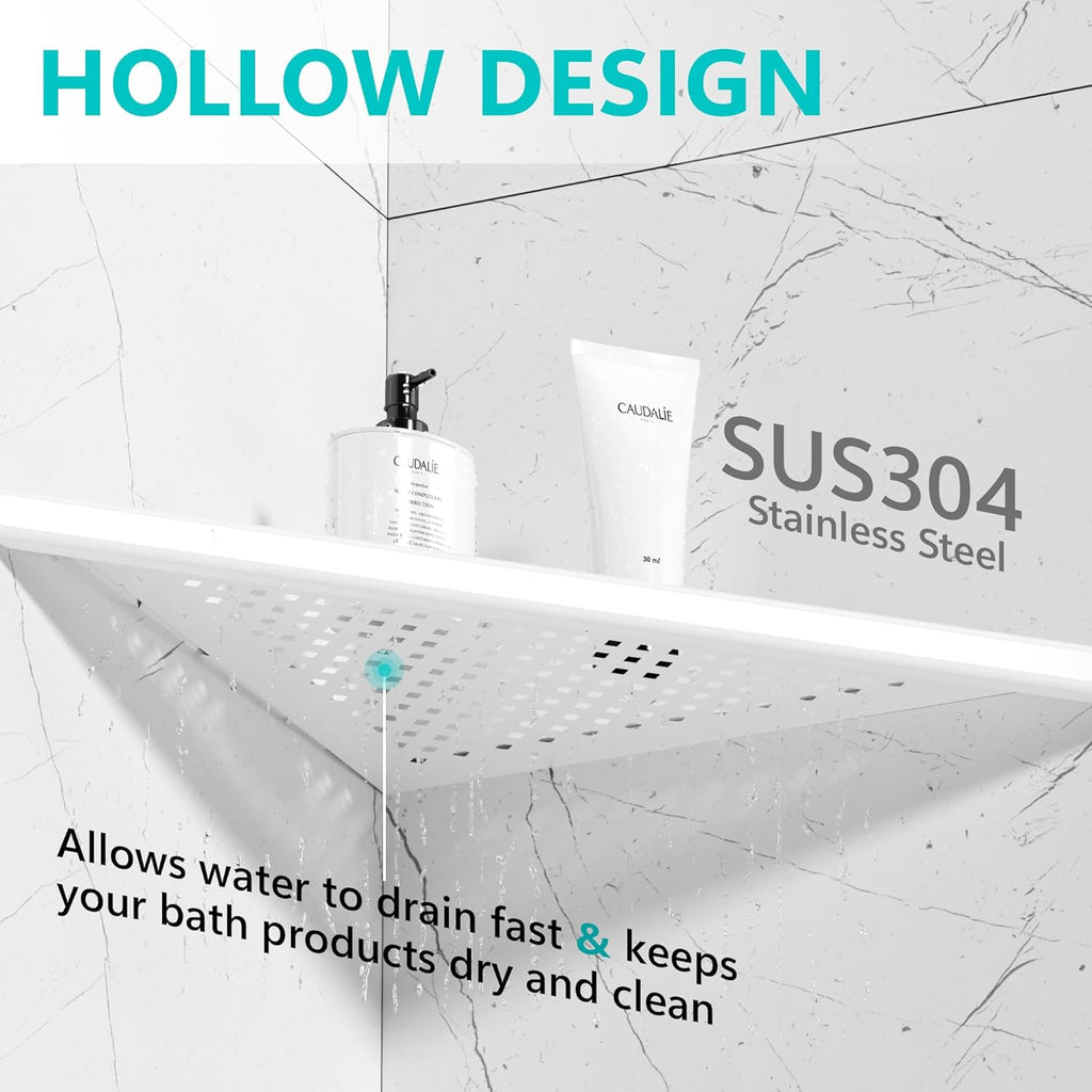 Bathroom Corner Shelf, Recessed 12" Shower Shelf Caddy, SUS304 Stainless Steel Shelf Wall Mount Triangular, No Drilling, Matte White