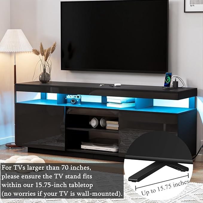 HOMMPA 75 Inch LED TV Stand, Modern Tall Entertainment Center with Power Outlets for Living Room, Bedroom, High Gloss Black TV Console with Storage, Gaming Media Cabinet for 75/70/65/55 Inch TVs