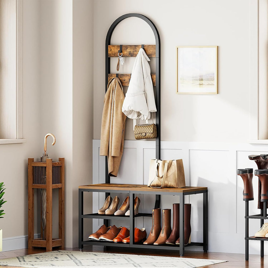 YATINEY Hall Tree, Coat Rack with Shoe Storage, Entryway Bench with Coat Rack and Shoe Shelf, All-in-One Entryway Storage Organizer, for Foyer, Hallway, Cloakroom, Rustic Brown and Black MT04BRY1