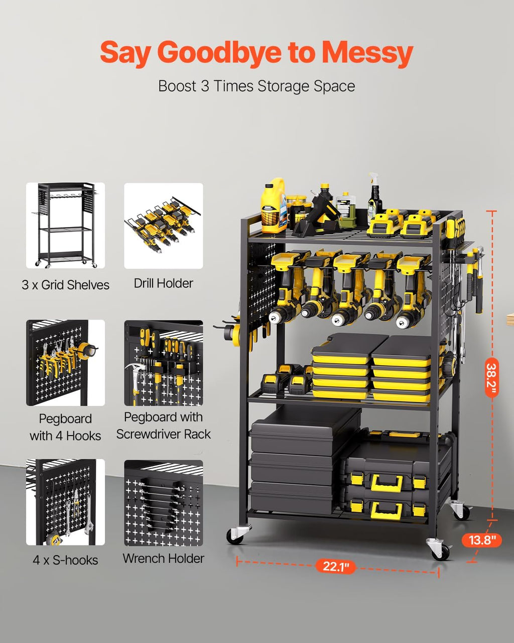 VEVOR 4-Tier Tool Organizer Cart, 150 lbs Load Capacity, Floor Stand Rolling Drill Holder and Stability Storage Rack, Heavy Duty Garage Floor Rolling Storage Cart for Workshop, Garage, Black
