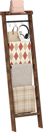 Blanket Ladder Shelf for Living Room, Decorative Quilt Rack with Storage Shelf, 6-Tier Farmhouse Ladder Holder Organizer with 4 Removable Hooks for Bedroom, Rustic Brown and Black BR35801B