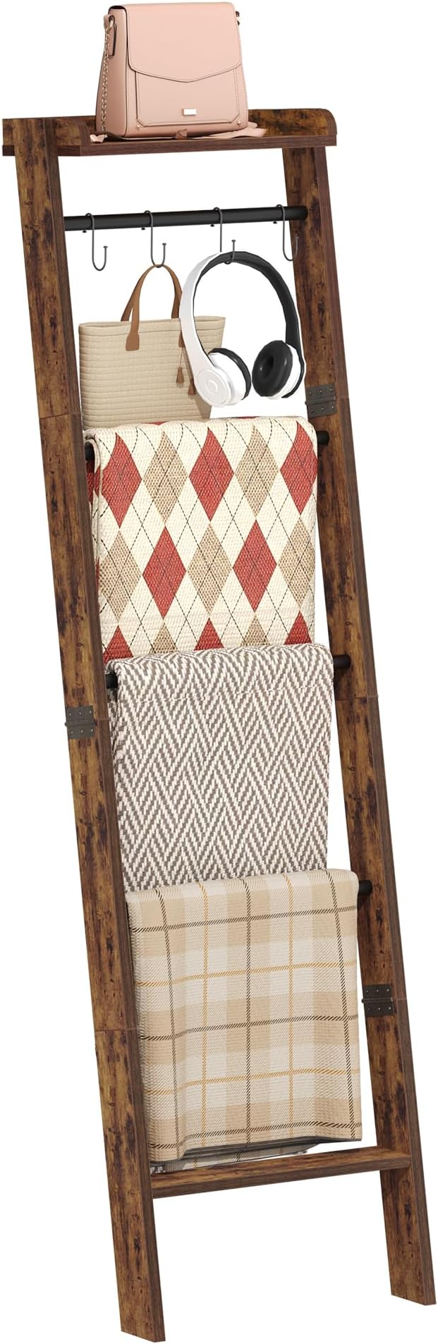 Blanket Ladder Shelf for Living Room, Decorative Quilt Rack with Storage Shelf, 6-Tier Farmhouse Ladder Holder Organizer with 4 Removable Hooks for Bedroom, Rustic Brown and Black BR35801B