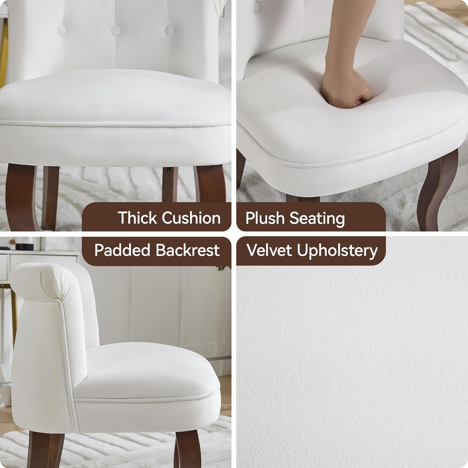 WUTUTUEE Velvet Vanity Chair with Back, Tufted Upholstered Vanity Stool with Solid Wood Legs, Mid Century Small Makeup Chair for Vanity, Accent Chair for Bedroom, Living Room, White