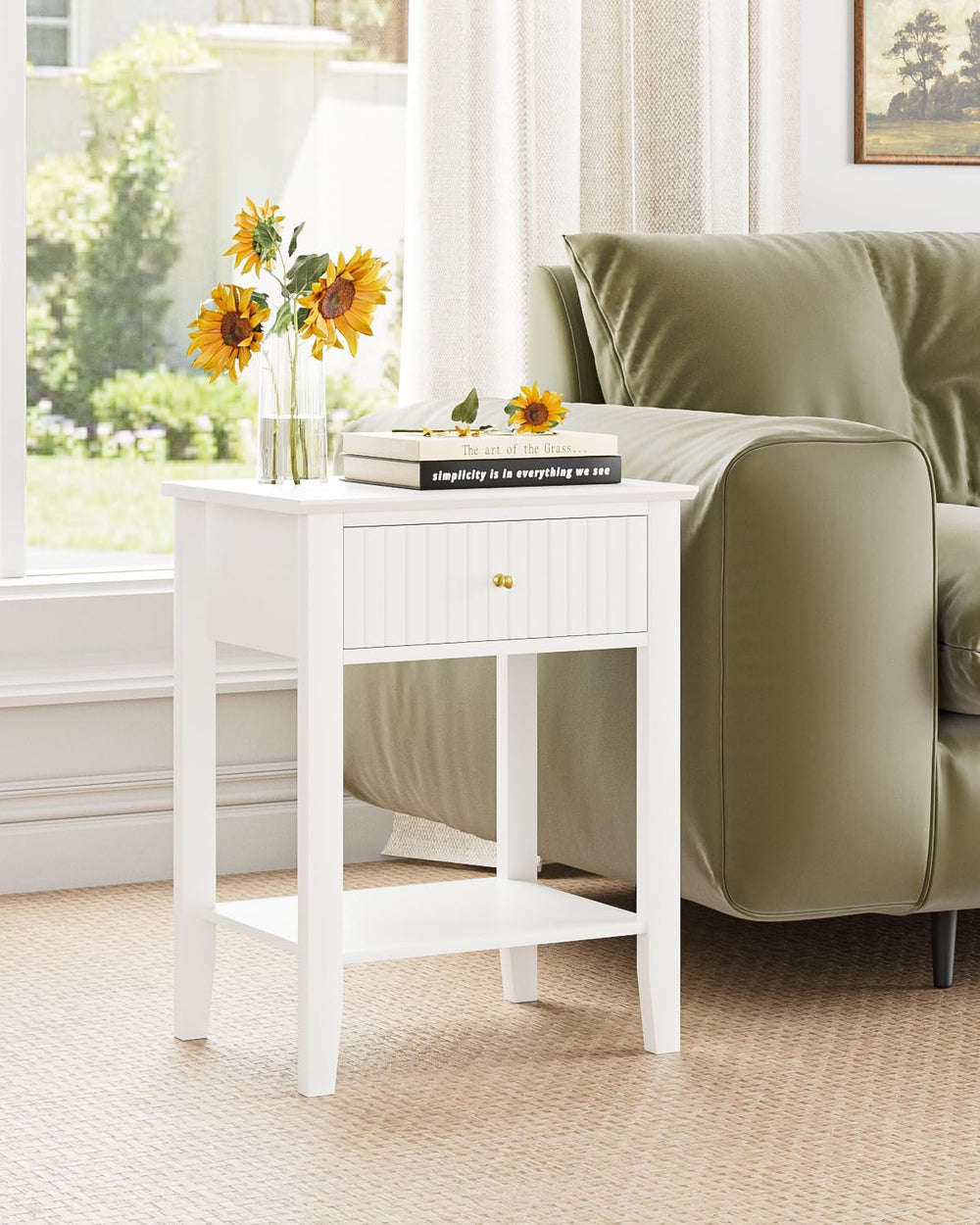 Fluted Nightstand, Farmhouse Night Stand with 1 Drawers, Mid Century Modern S...