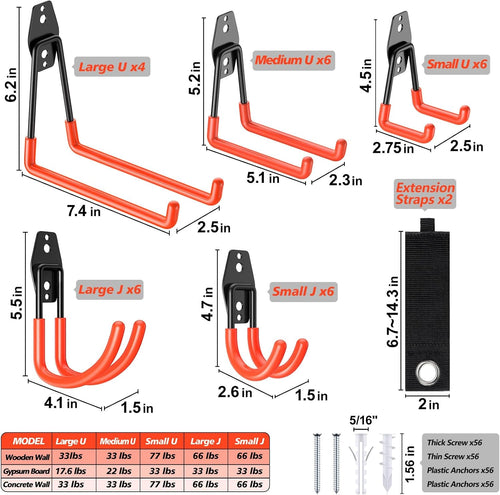 30 Pack Heavy Duty Garage Hooks,Solid Steel Wall Mount Hangers,with Anti-Slip Coating,for Hanging and Organising Ladder,Bike,Ropes,Broom,Garden,Yard and Power Tools