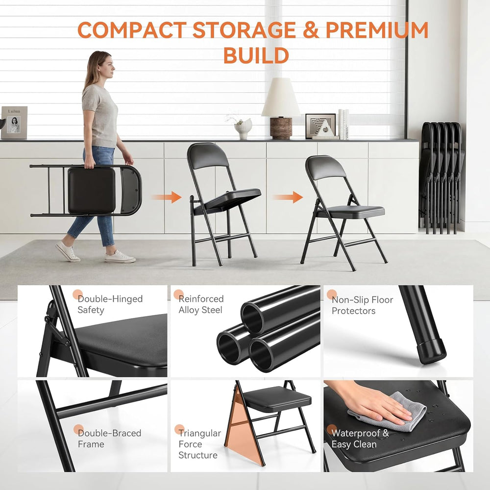Upgrade 18% Thicker 6 Pack Folding Chair with Cushion | Heavy Duty Folding Ch...