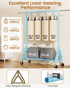 Heavy Duty Clothing Rack, Metal Clothes Rack Load 450 LBS, Rolling Coat Racks for Hanging Clothes with Lockable Wheels, Wardrobe Closet Garment Racks for Bedroom, Sky Blue