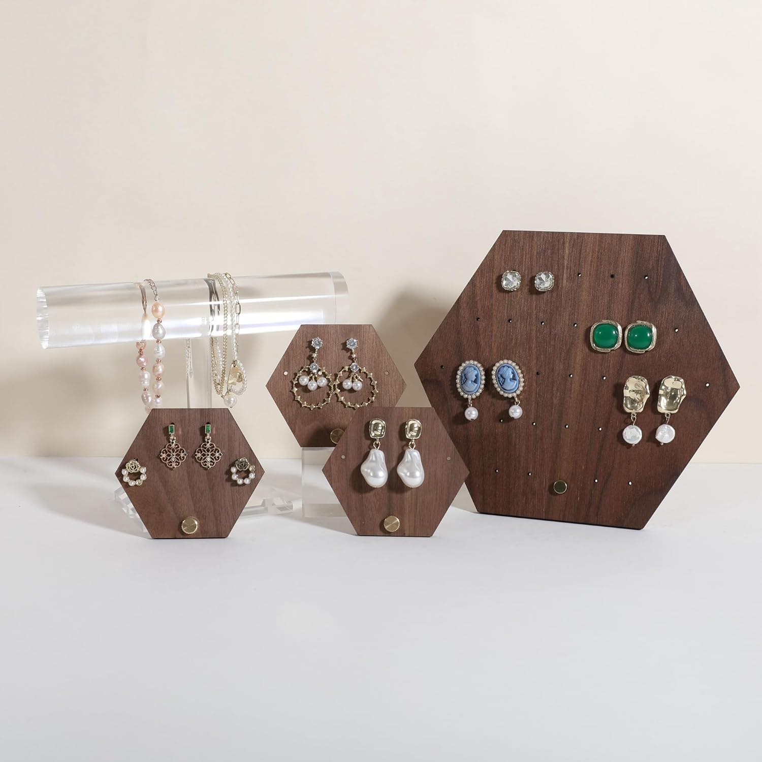 GemeShou 3pcs wooden jewelry earring organizer holder, walnut earring studs stand for boutique store, cute earring display for selling with 6 holes on each【Earring stand-Hexagon-3pcs】