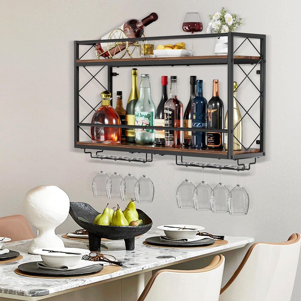 Wine Rack Wall Mounted 2 Tier Wall Wine Rack with Glass Holder, Double Layer ...