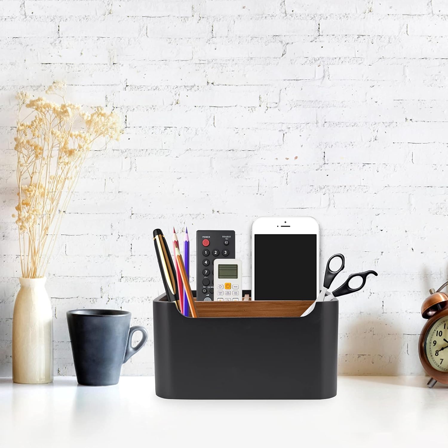 Stylish Desk Organizers and Remote Control Holders in Black, Pen Phone Holder Organizer, Multi-Purpose Caddy Storage Accessories for Office Desktop Coffee Table Bedside Nightstand