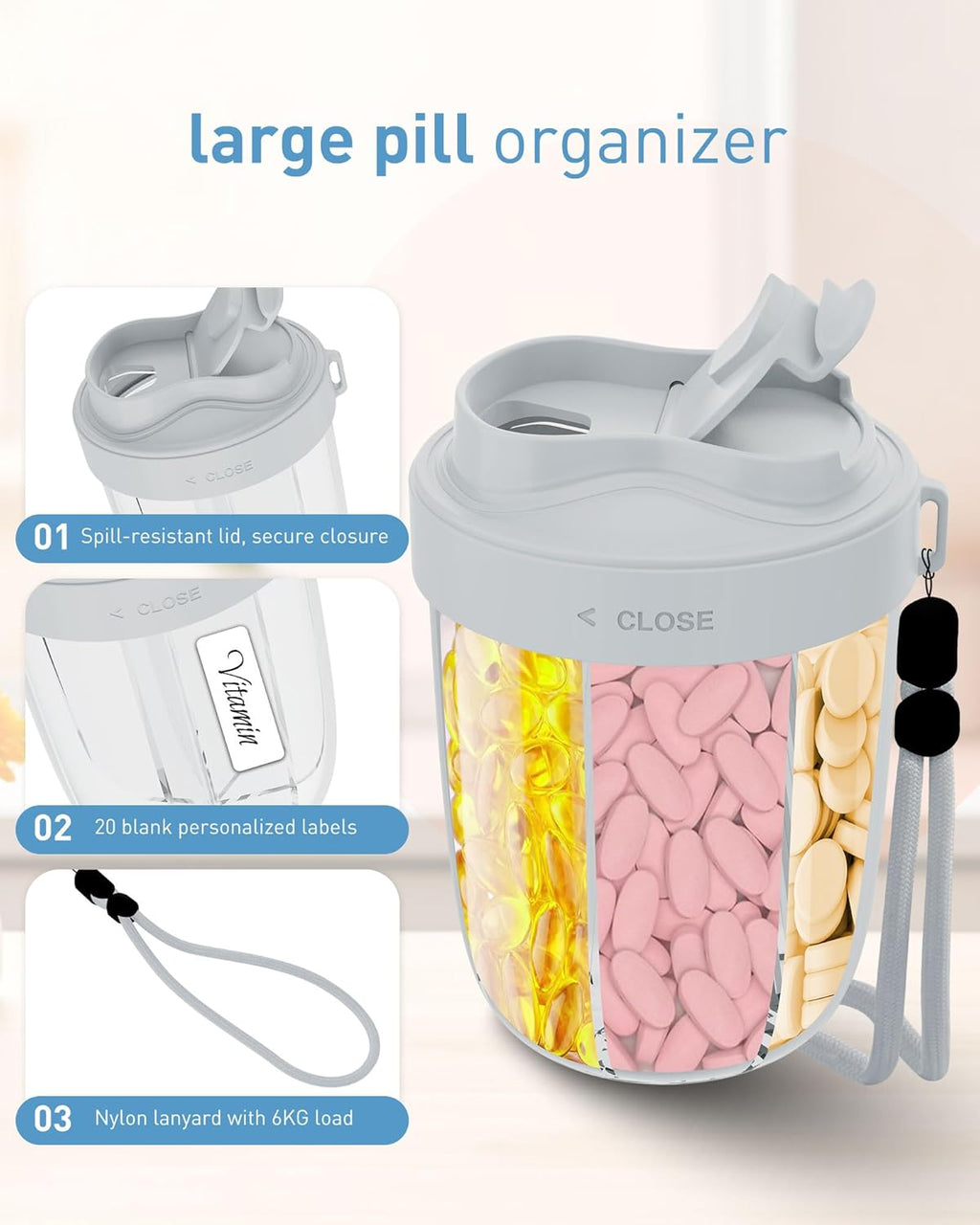 Large Pill Organizer,Supplement Organizer for 7 Different Vitamins,Pill Dispenser with Anti-Mixing Design,Easy to Retrieve Meds,Includes 20 Pcs Labels,Travel Pill Organizer(Gray)