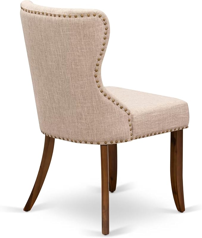 NKSI9-AWA-04 9-Piece Dining Table Set Consists of a Dining Table and 8 Light Tan Linen Fabric Kitchen Chairs with Button Tufted Back - Antique Walnut Finish