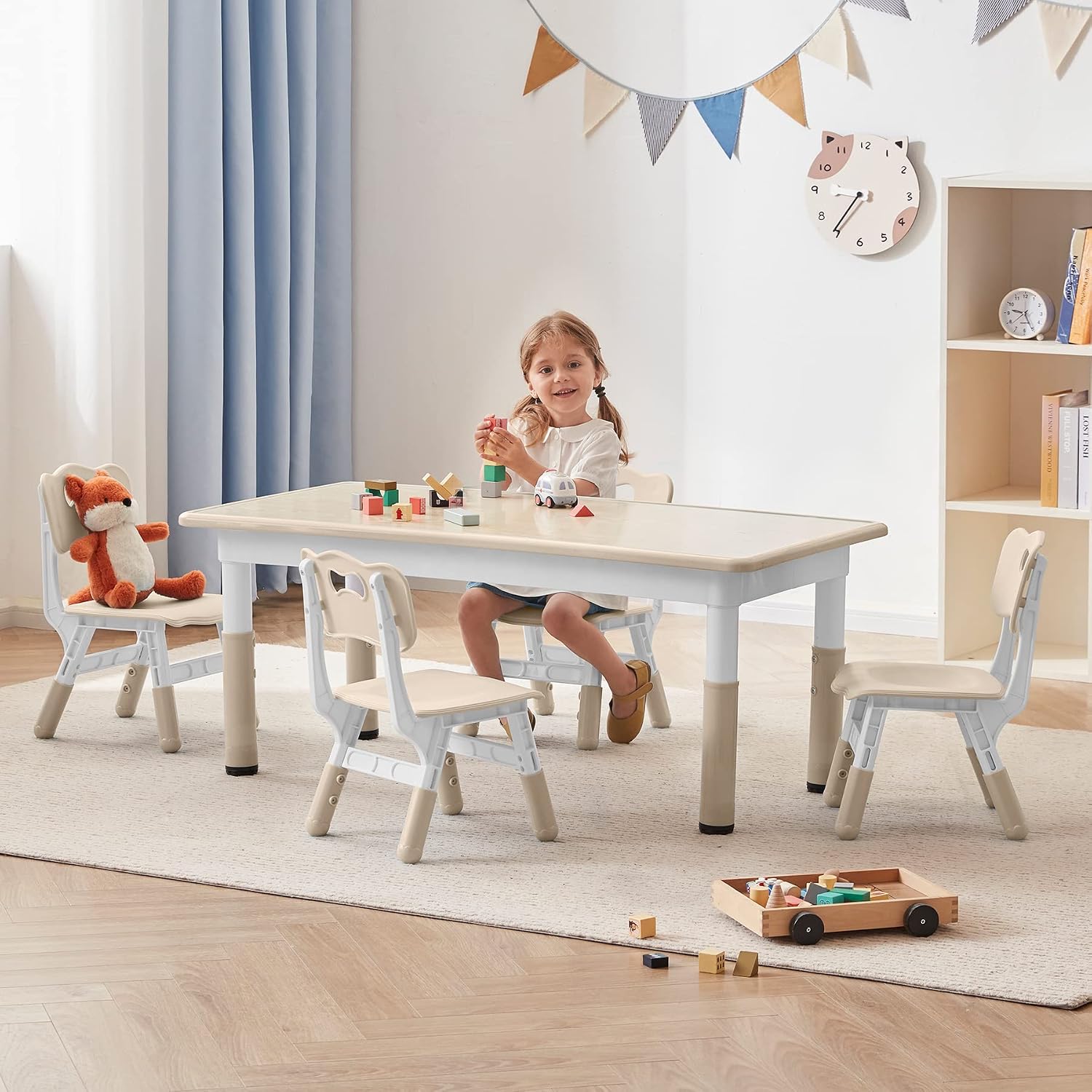 DOREROOM Adjustable Kids Table & 4 Chairs Set, 47.2" L x 23.6" W, Natural-W | Graffiti Desktop,Table Supports 300 lbs,Toddler Ages 2-8，FSC-certified, Children Activity Table for Daycare, Classroom, Home
