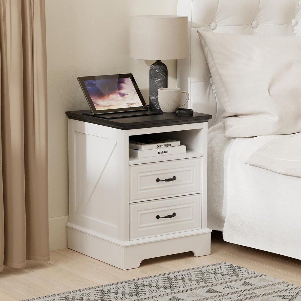 Eondon 18" Farmhouse Nightstand with Charging Station, 2 Drawers Bedside...