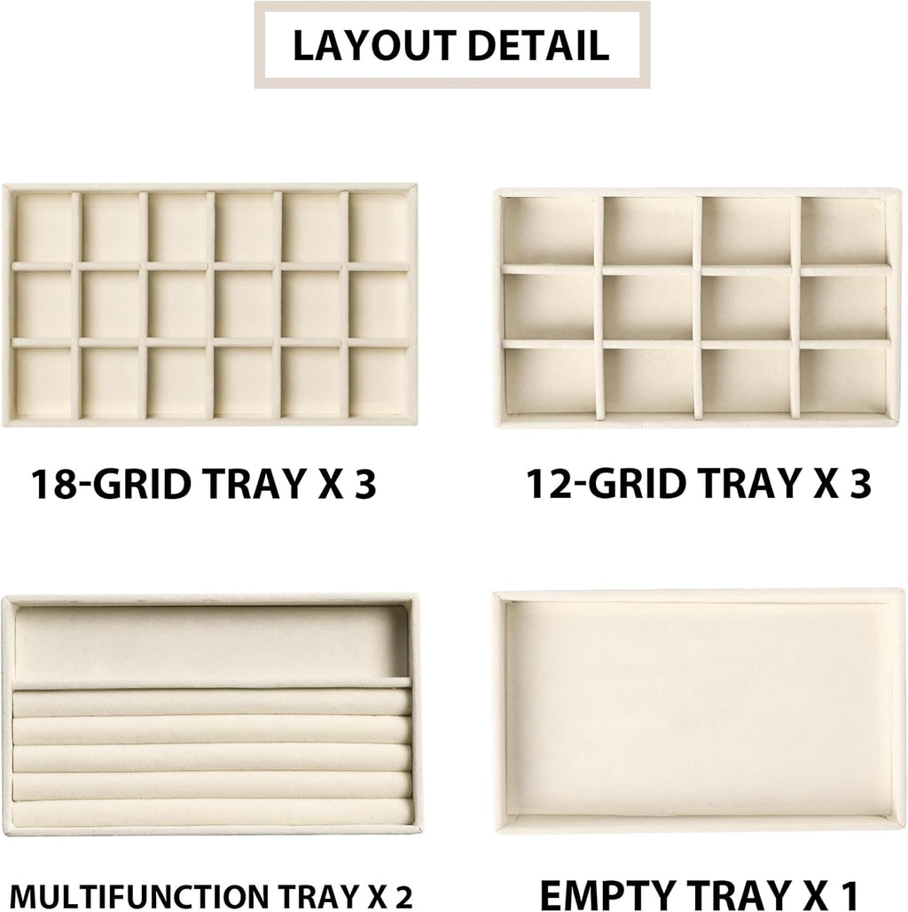 Frebeauty Jewelry Organizer Tray,Stackable Velvet Jewelry Trays,Drawer Inserts Earring Organizer For Women Jewelry Storage Display Case for Rings Stud Necklaces,Set of 9(Beige)
