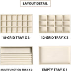 Frebeauty Jewelry Organizer Tray,Stackable Velvet Jewelry Trays,Drawer Inserts Earring Organizer For Women Jewelry Storage Display Case for Rings Stud Necklaces,Set of 9(Beige)