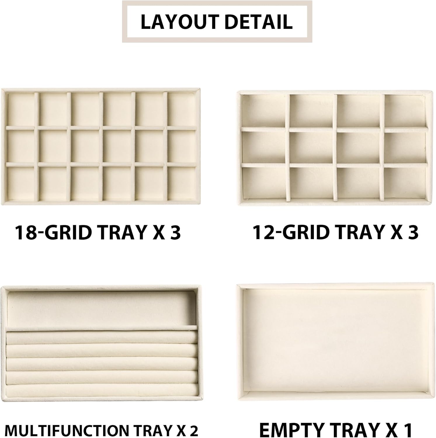 Frebeauty Jewelry Organizer Tray,Stackable Velvet Jewelry Trays,Drawer Inserts Earring Organizer For Women Jewelry Storage Display Case for Rings Stud Necklaces,Set of 9(Beige)