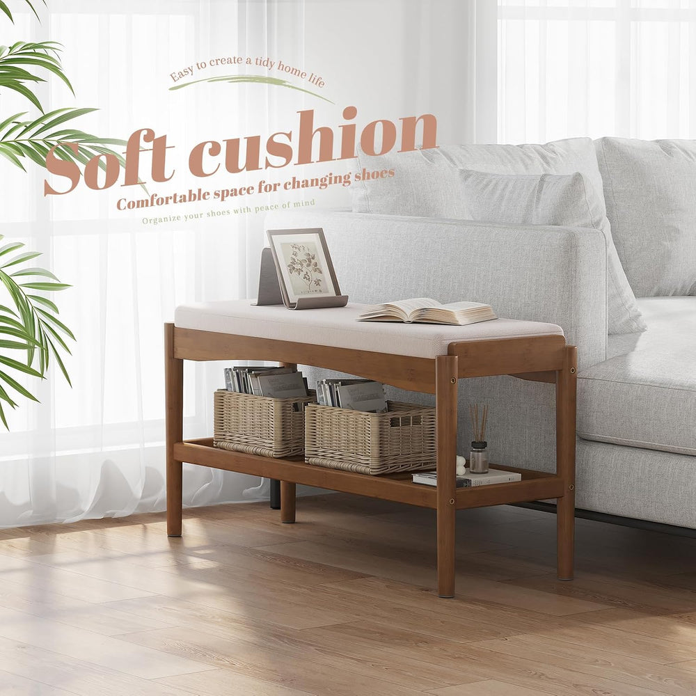 STDDRE Shoe Bench Entryway Bamboo 2-Tier Shoe Rack with Cushion Padded Seat S...