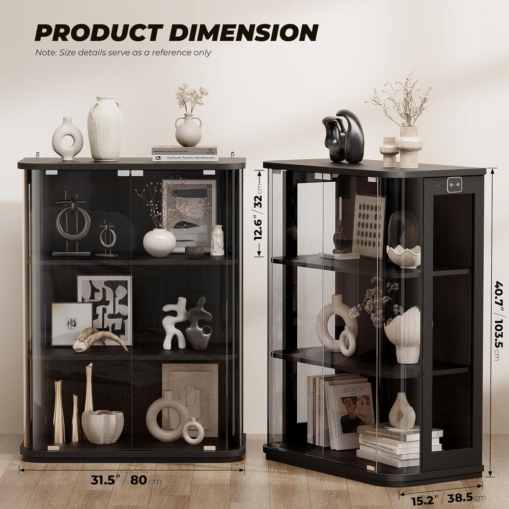 BROTTAR Rounded Display Cabinet with Glass Door, 3-Tier Curio Cabinet with 3 ...