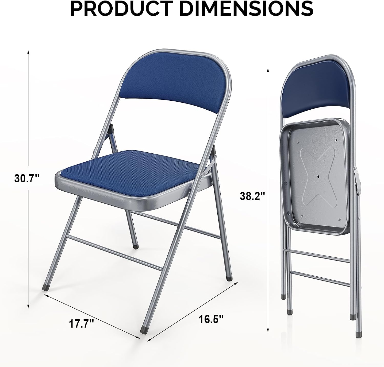Bonnlo Folding Chair, Fabric Padded Folding Chairs with Cushion, Back and Steel Frame for Indoor Outdoor Outside Dinning Office Camping Use, Blue, 6 Pack