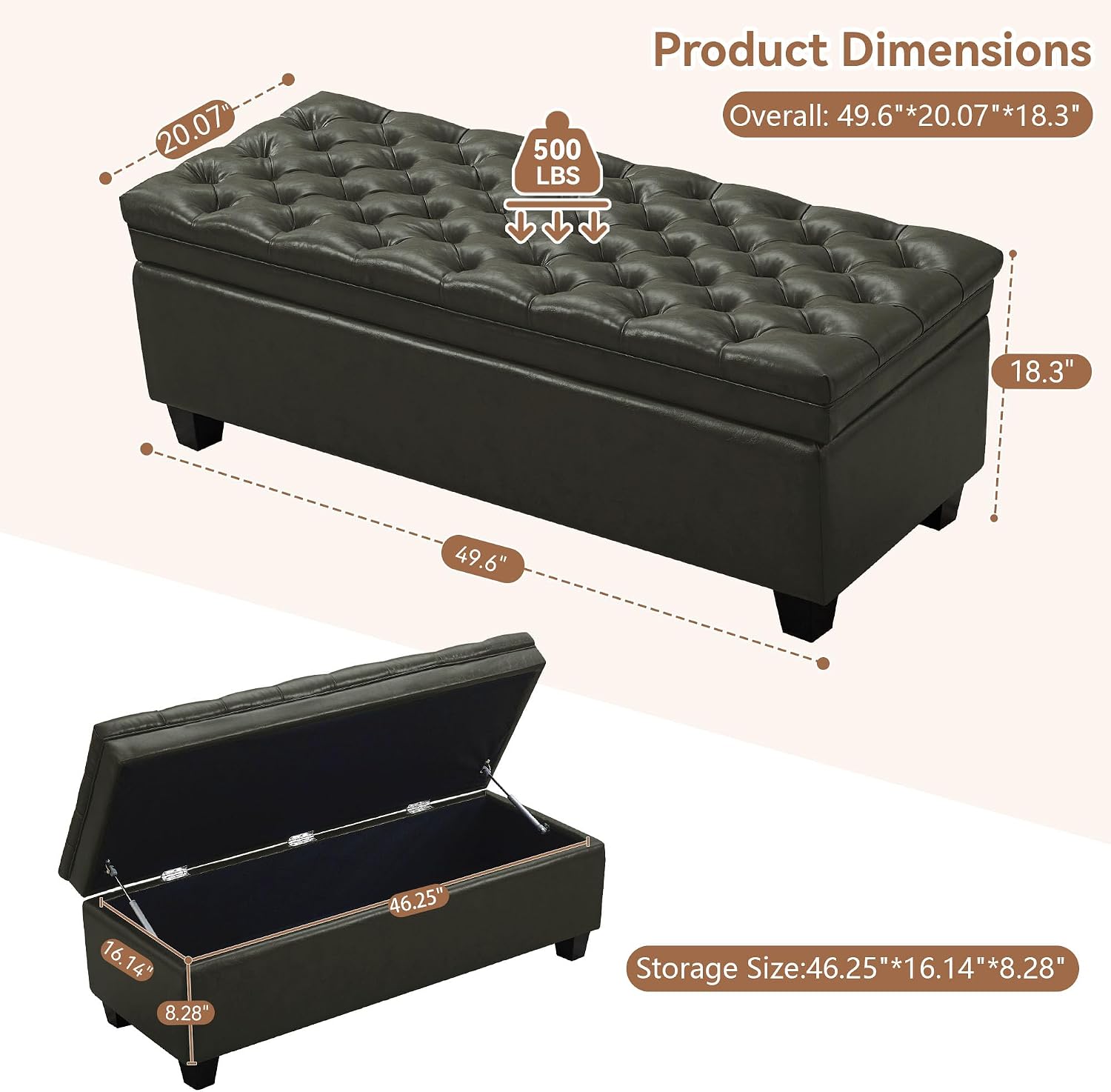 WUTUTUEE 50" Faux Leather Storage Ottoman Bench, End of Bed Upholstered Rectangle Storage Ottoman Tufted Living Room Bedroom Bench with Safety Hinge, Solid Wood Legs, Loads 500 lb(Green)