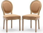 Linen Upholstered Dining Chairs Set of 2 French Country Oval Fabric Back Kitchen Side Chair with Wood Legs for Dining Room, Kitchen, Restaurant(Tan-Fabric)
