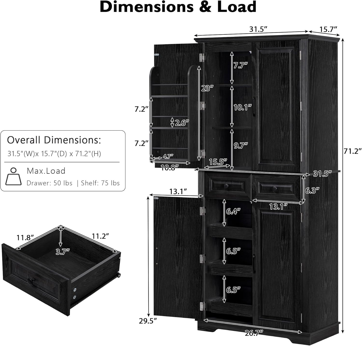 SOFTSEA Kitchen Pantry Cabinet with 6 Door Shelves and 2 Drawers, Farmhouse Embossed Texture Cupboard Cabinet with 3 Pull Out Organizers, Kitchen Hutch for Dining Room Living Room, Black