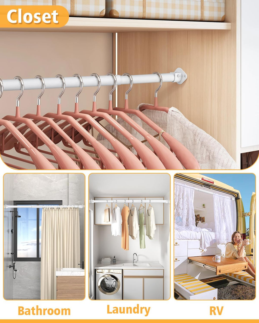 Closet Rod, 17 to 39 Inch Heavy Duty Adjustable Metal Clothing Rack for Hanging Clothes, Closet Poles for Wardrobes, Laundry, Durable Steel, White