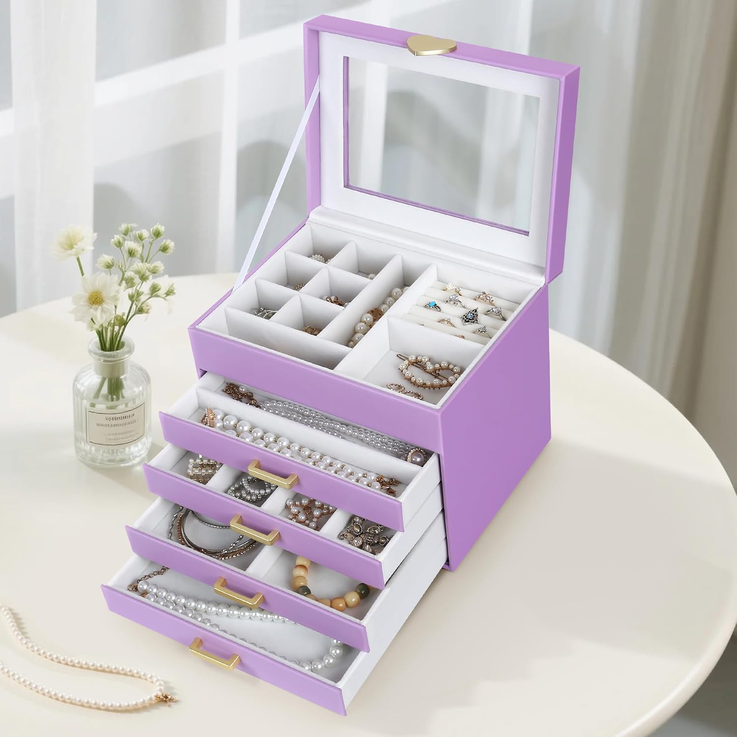 Kendal Jewelry Box, 5-Layer Jewelry Organizer Box with Glass Lid, Purple, Heart Shaped PU Leather, Storage Box for Necklace Earrings Rings Bracelets, Gift Idea for Girls LJC4DRPL