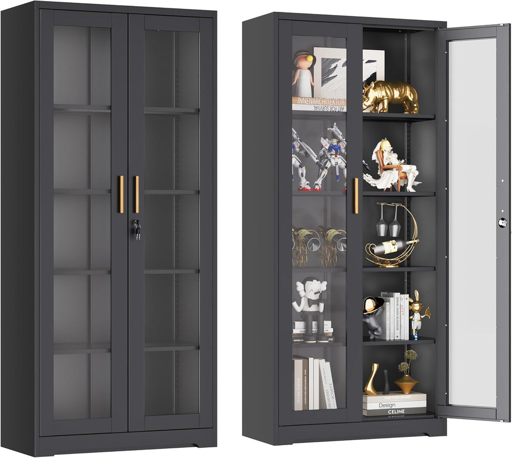 UNICOLY Lockable Display Cabinet with Glass Doors and 4 Adjustable Shelves