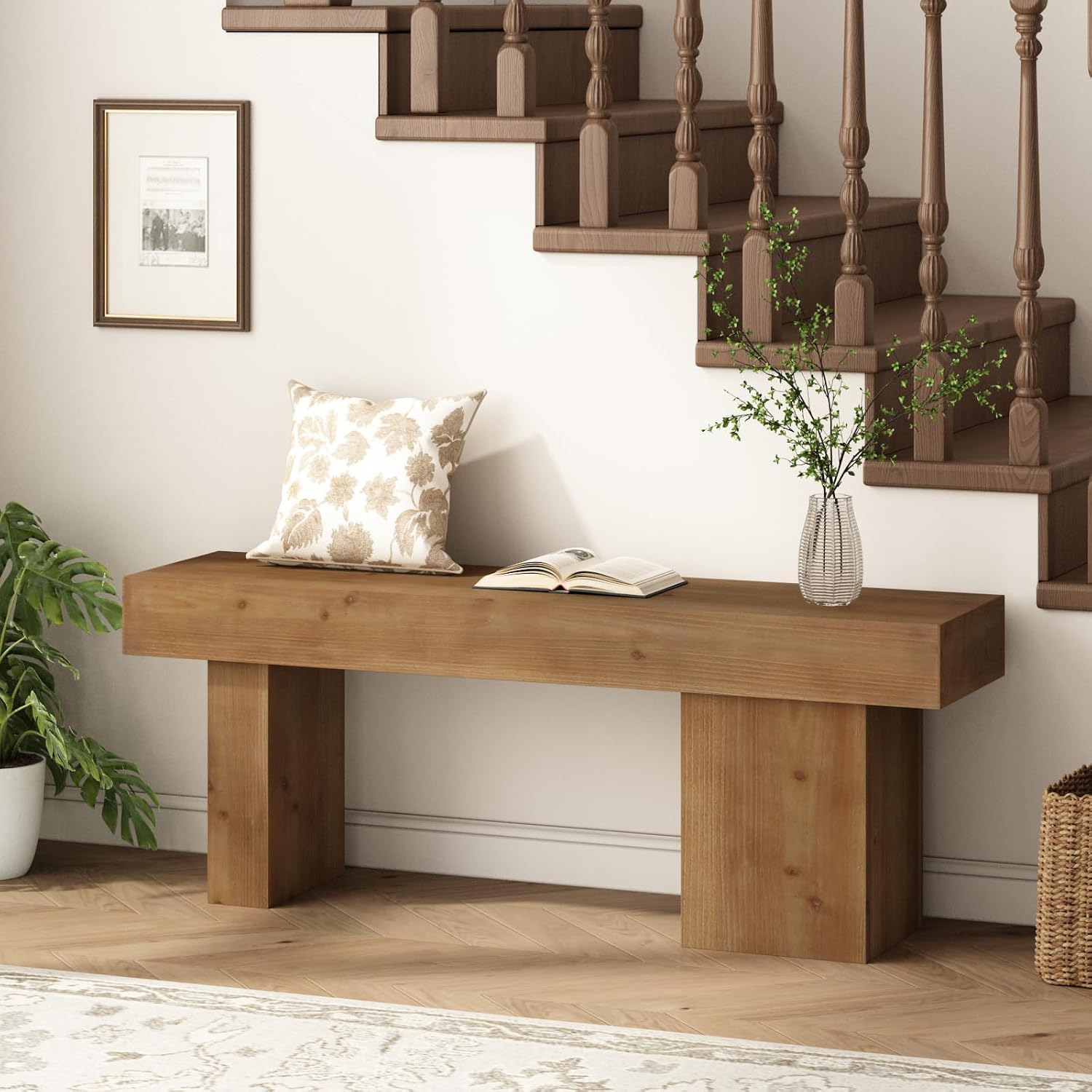 Farmhouse Solid Wood Entryway Bench, 47.3" Rustic End of Bed Bench for Bedroom, Handcrafted Accent Seating for Dining, Kitchen, Hallway, Living Room - 15 Min Assembly